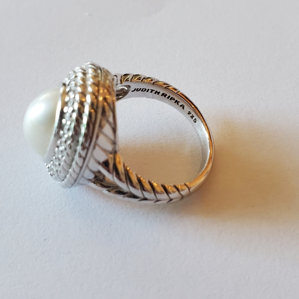 Judith Ripka Pearl & Diamonique Ring, Sz 8 - Picture 3 of 8